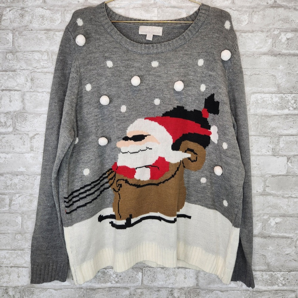 Carolyn Taylor Santa Sweater Pom Pom Graphic Holiday Festive Ugly 3X